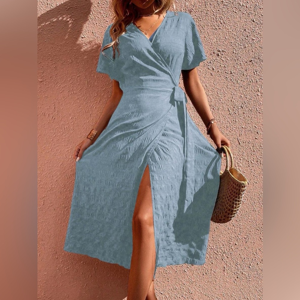 Blue Wrap Dress Coverup Beach Sz S